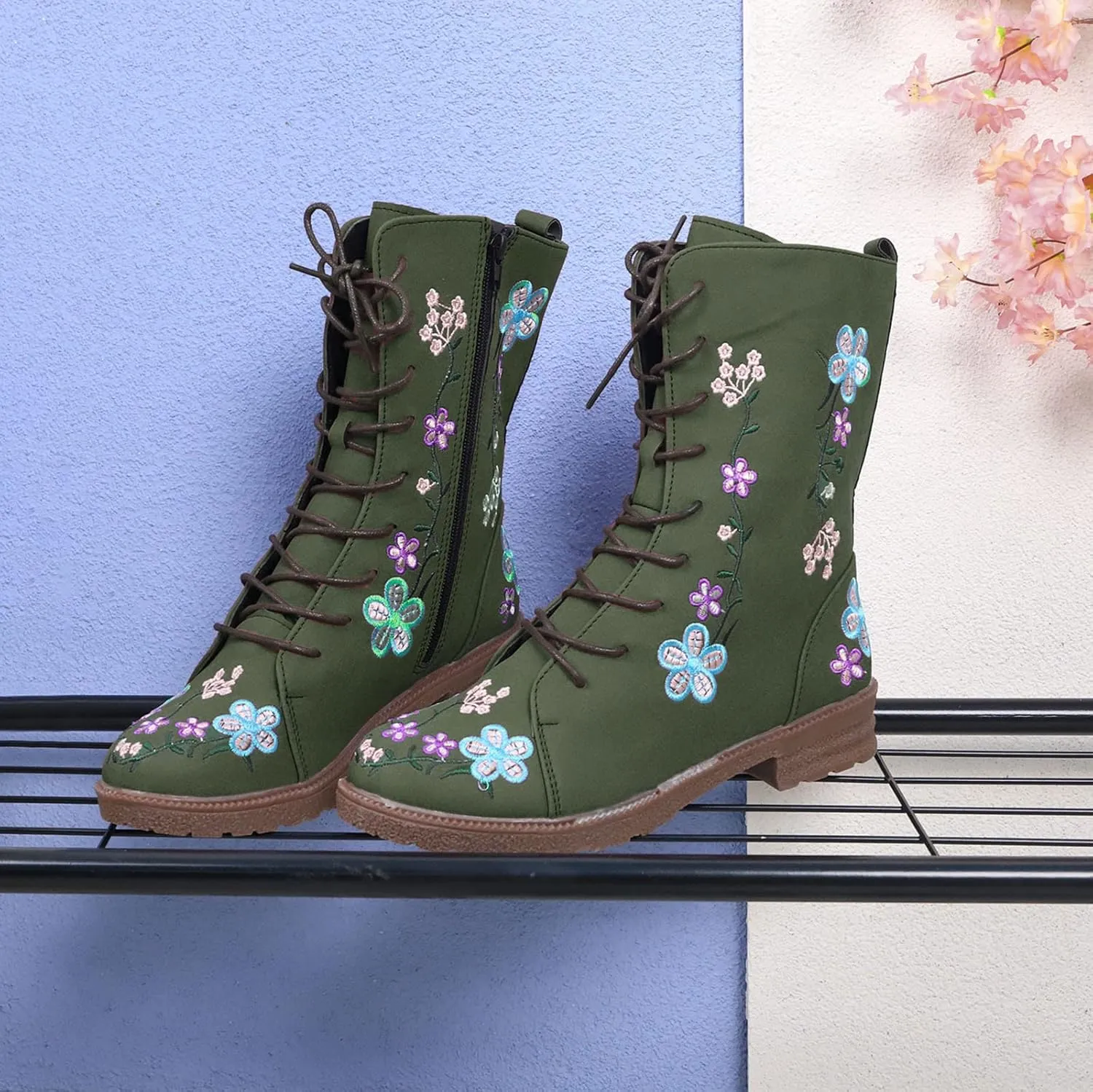 Crzidha Women Combat Boots,Stylish Floral Embroidery Hiking Riding Boots Round Toe Low Heel Long Strappy Lace Up High Top Boots Comfy Winter Walking Daily Work Outdoor Travel Shoes for Women