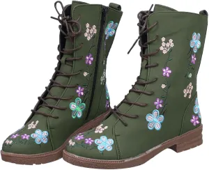 Crzidha Women Combat Boots,Stylish Floral Embroidery Hiking Riding Boots Round Toe Low Heel Long Strappy Lace Up High Top Boots Comfy Winter Walking Daily Work Outdoor Travel Shoes for Women