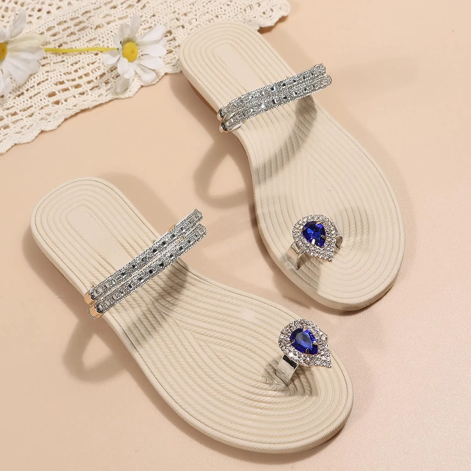 Eduavar Sandals for Women Dressy Summer, Orthopedic Sandals for Women Rhinestone Flat Sandals Comfortable Ring Toe Slippers