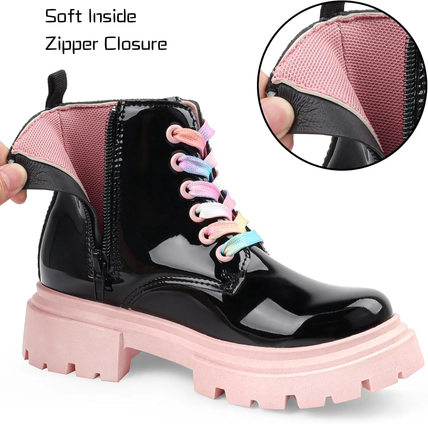 Girls Combat Boots Side Zipper Rainbow Lace Up Dress Black Girls Boots for Toddler/Little Kid/Big Kid