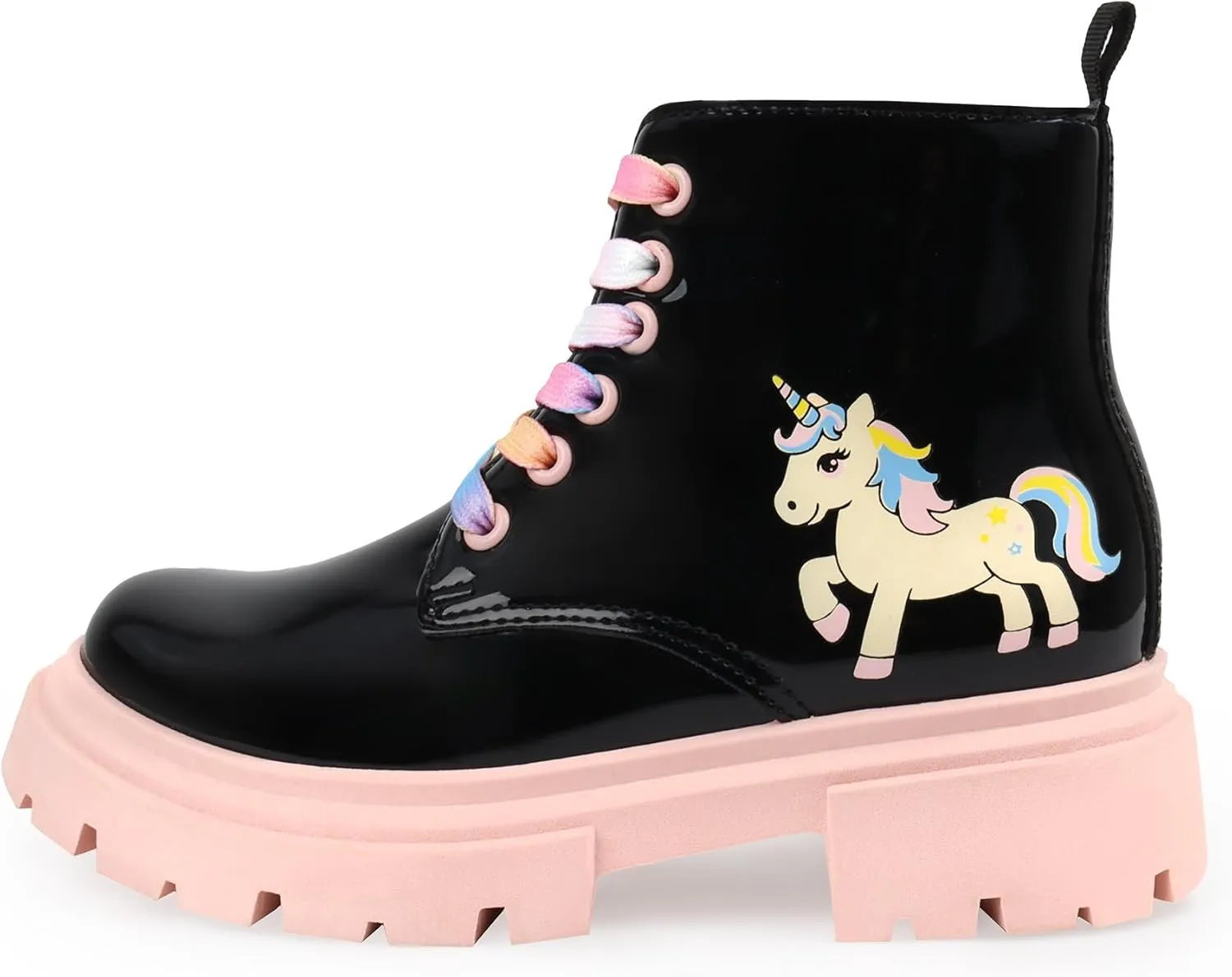 Girls Combat Boots Side Zipper Rainbow Lace Up Dress Black Girls Boots for Toddler/Little Kid/Big Kid