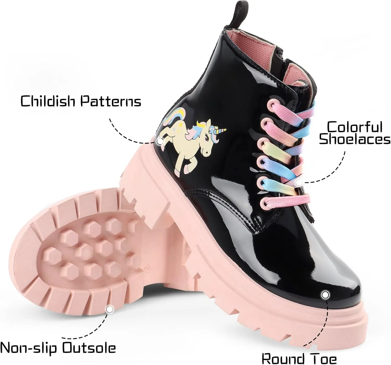Girls Combat Boots Side Zipper Rainbow Lace Up Dress Black Girls Boots for Toddler/Little Kid/Big Kid