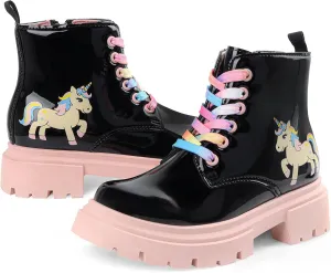 Girls Combat Boots Side Zipper Rainbow Lace Up Dress Black Girls Boots for Toddler/Little Kid/Big Kid