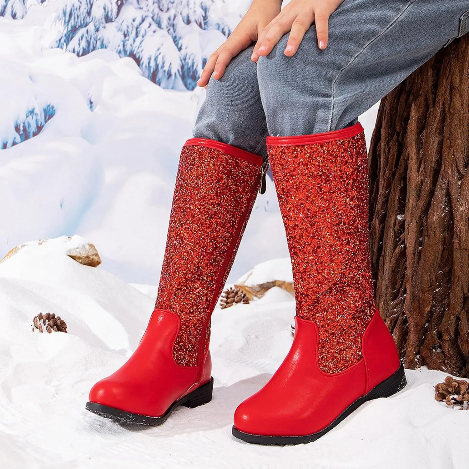 Girls Kids hinestone Mid Calf Riding Boots Sequin Fleece Plush Chunky Comfort Warm Lined Outdoor Casual Shoes