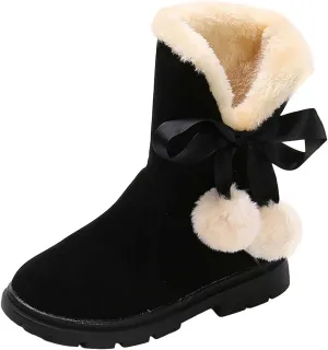 Girls Winter  Boots Mid-Calf Bowknot Booties Kids Lightweight Warm Plush Soft Velvet Girls Fancy Boots