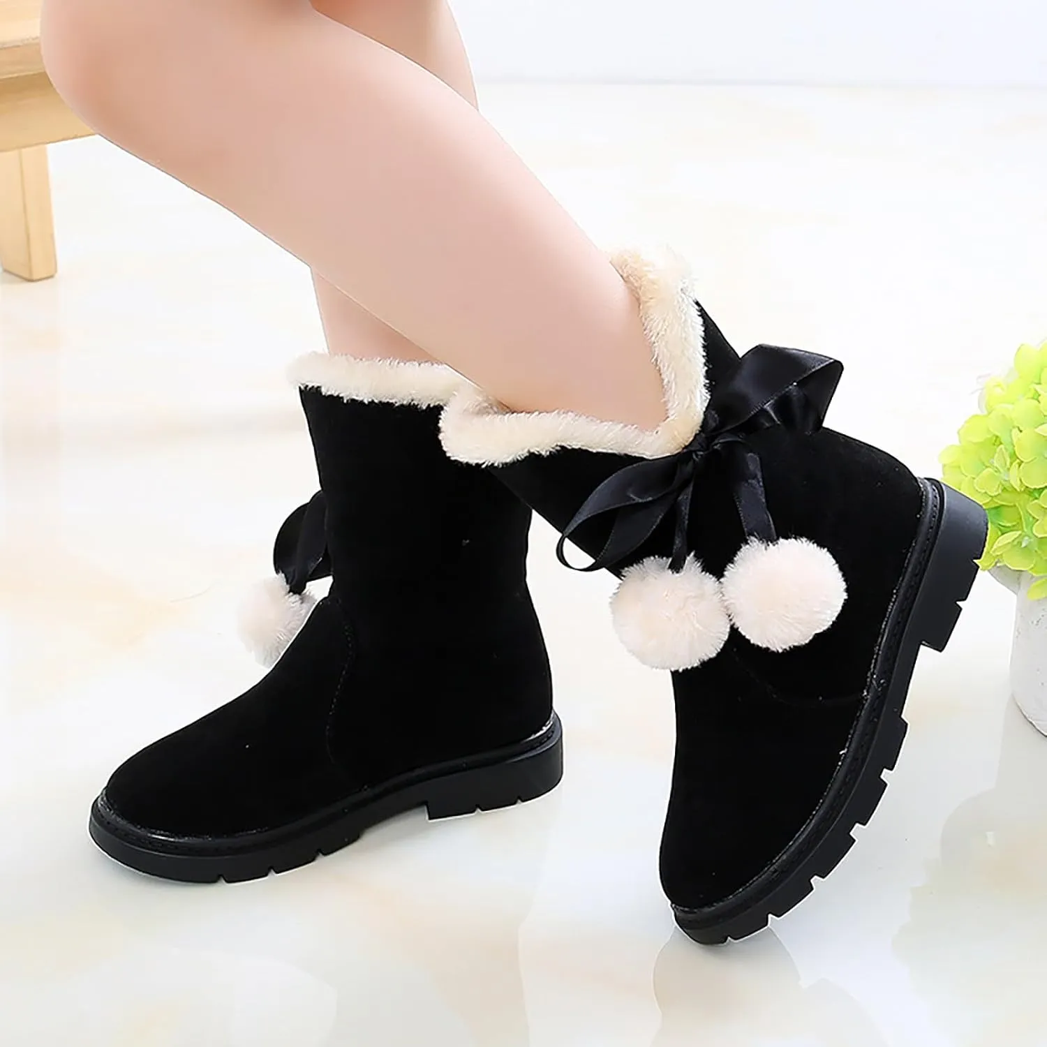 Girls Winter  Boots Mid-Calf Bowknot Booties Kids Lightweight Warm Plush Soft Velvet Girls Fancy Boots