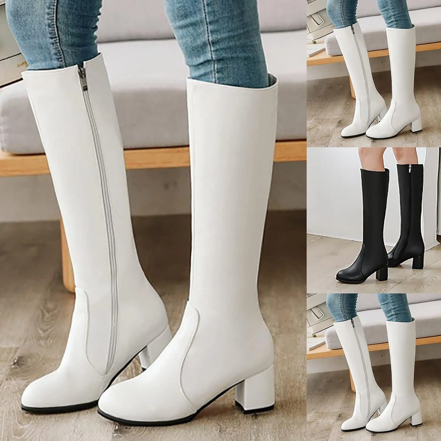Knee High Boots Women Chunky Heel Boots Women's Autumn And Winter Thick Heel Side Zipper Middle Heel Boots 2024