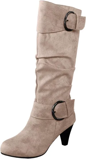 Knee High Boots Women High Heel Fashion Belt Buckle Wine Glass Heel Pointed Toe Solid Color Thigh High Knee Boots