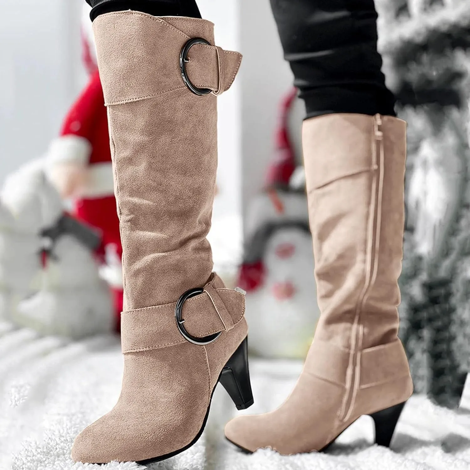 Knee High Boots Women High Heel Fashion Belt Buckle Wine Glass Heel Pointed Toe Solid Color Thigh High Knee Boots