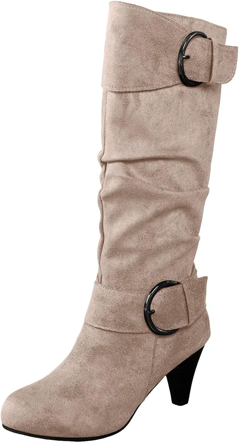 Knee High Boots Women High Heel Fashion Belt Buckle Wine Glass Heel Pointed Toe Solid Color Thigh High Knee Boots