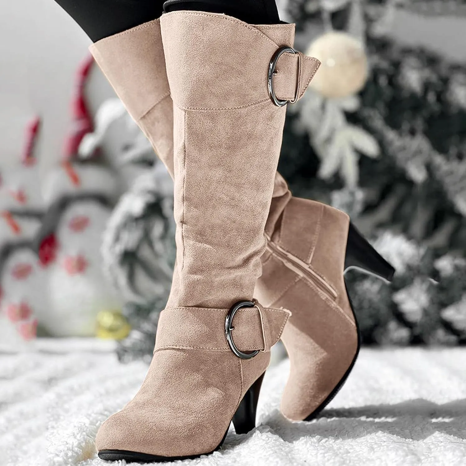Knee High Boots Women High Heel Fashion Belt Buckle Wine Glass Heel Pointed Toe Solid Color Thigh High Knee Boots