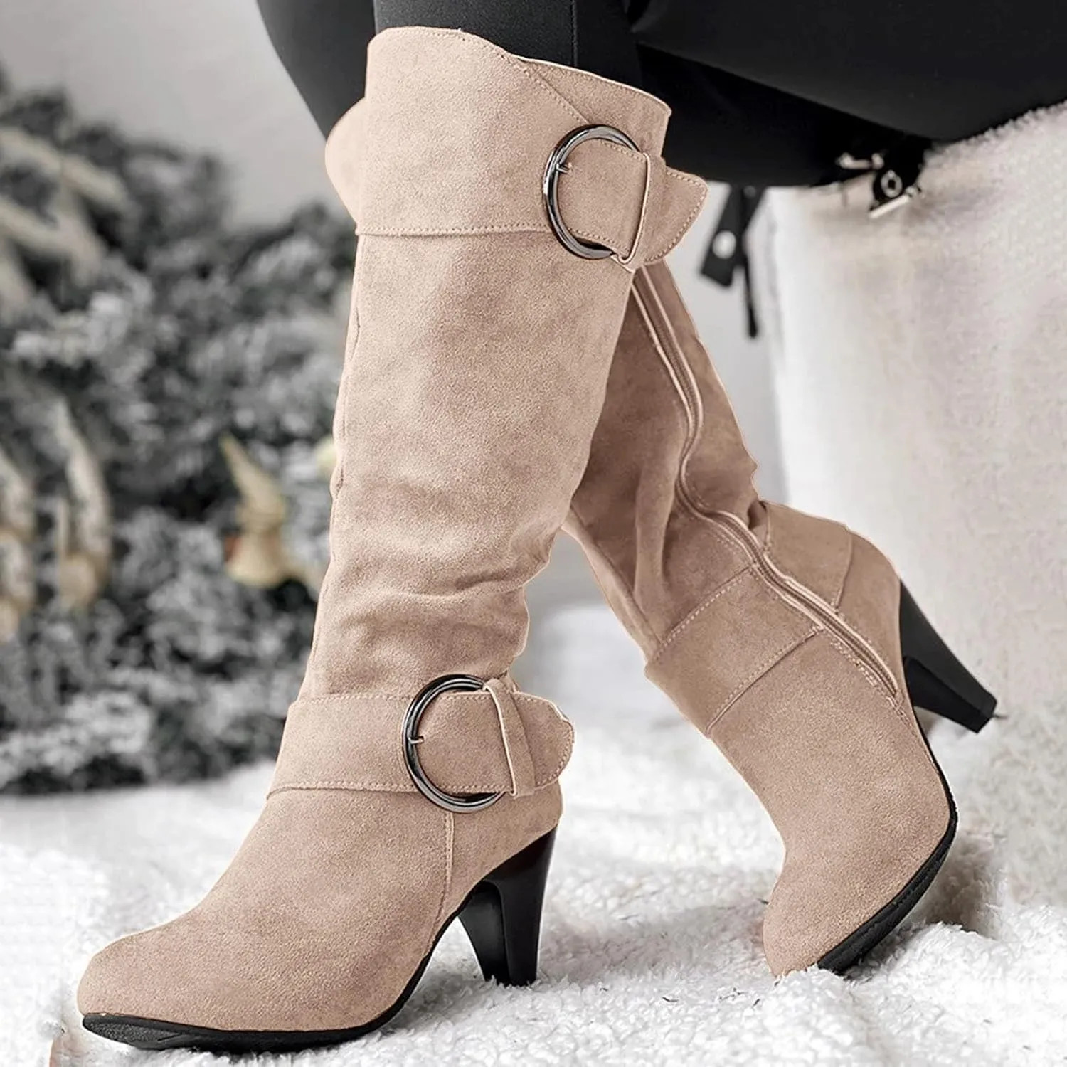 Knee High Boots Women High Heel Fashion Belt Buckle Wine Glass Heel Pointed Toe Solid Color Thigh High Knee Boots