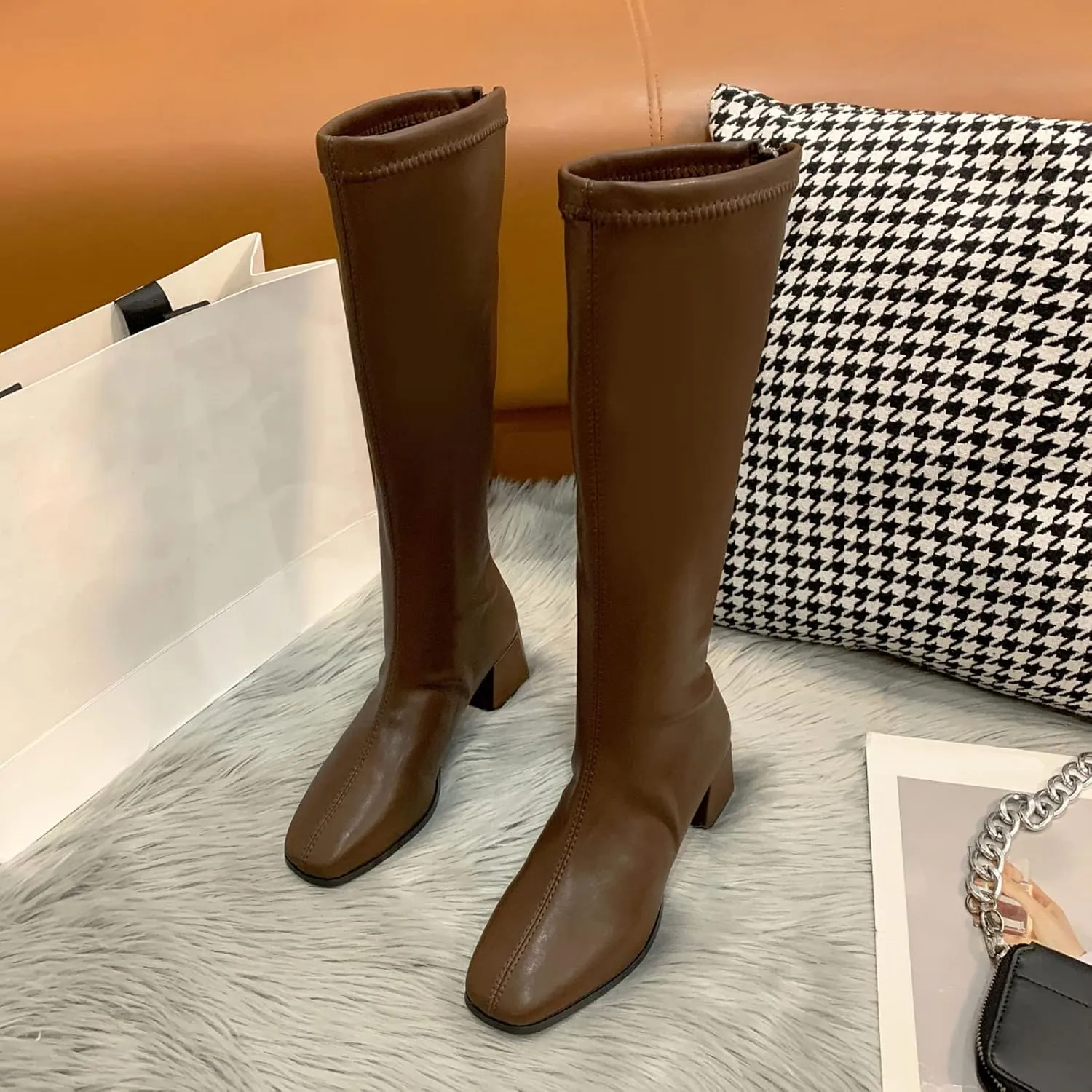 Knee High Boots Women Low Heel Fashion Round Toe Leather Thick Sole Square Heel Zipper Solid Color Mid Calf Boots