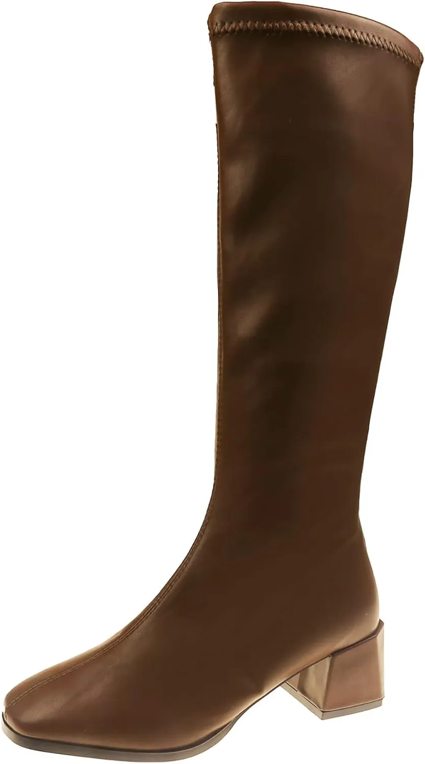 Knee High Boots Women Low Heel Fashion Round Toe Leather Thick Sole Square Heel Zipper Solid Color Mid Calf Boots