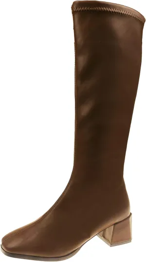 Knee High Boots Women Low Heel Fashion Round Toe Leather Thick Sole Square Heel Zipper Solid Color Mid Calf Boots