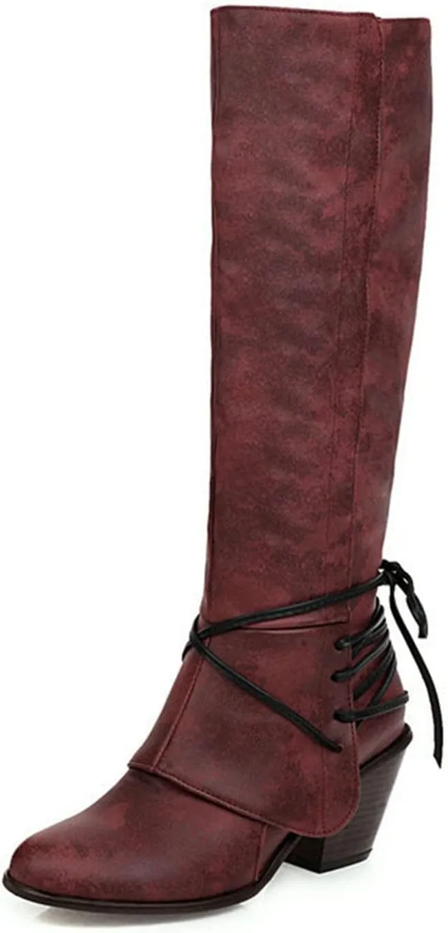 Knee High Boots Women - Vintage Pointed Toe Straps Lace Up Chunky Heel Long Boots Winter Warm Solid High Heel Leather Riding Boots Casual Shoes
