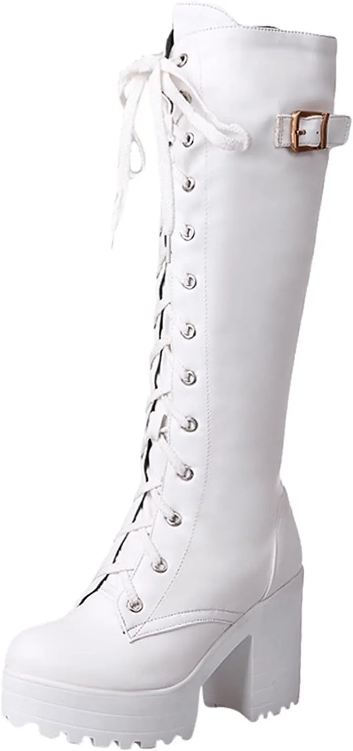 Knee High Boots Women Waterproof Winter Boots for Women 2024 Lace-Up Boots High Heel Chunky Boots Shoes Booties