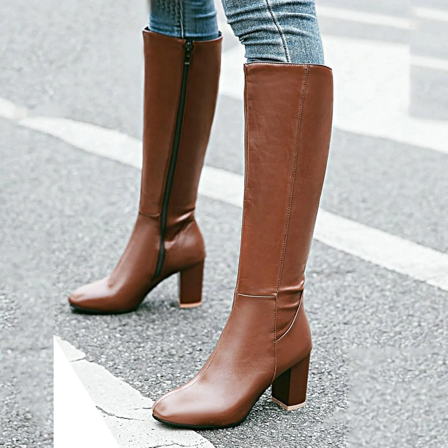 Knee High Boots Women Winter Boots Patent Leather Fashion Long Chunky Heel Pointed Toe Side Zipper Fashion Knee Boots
