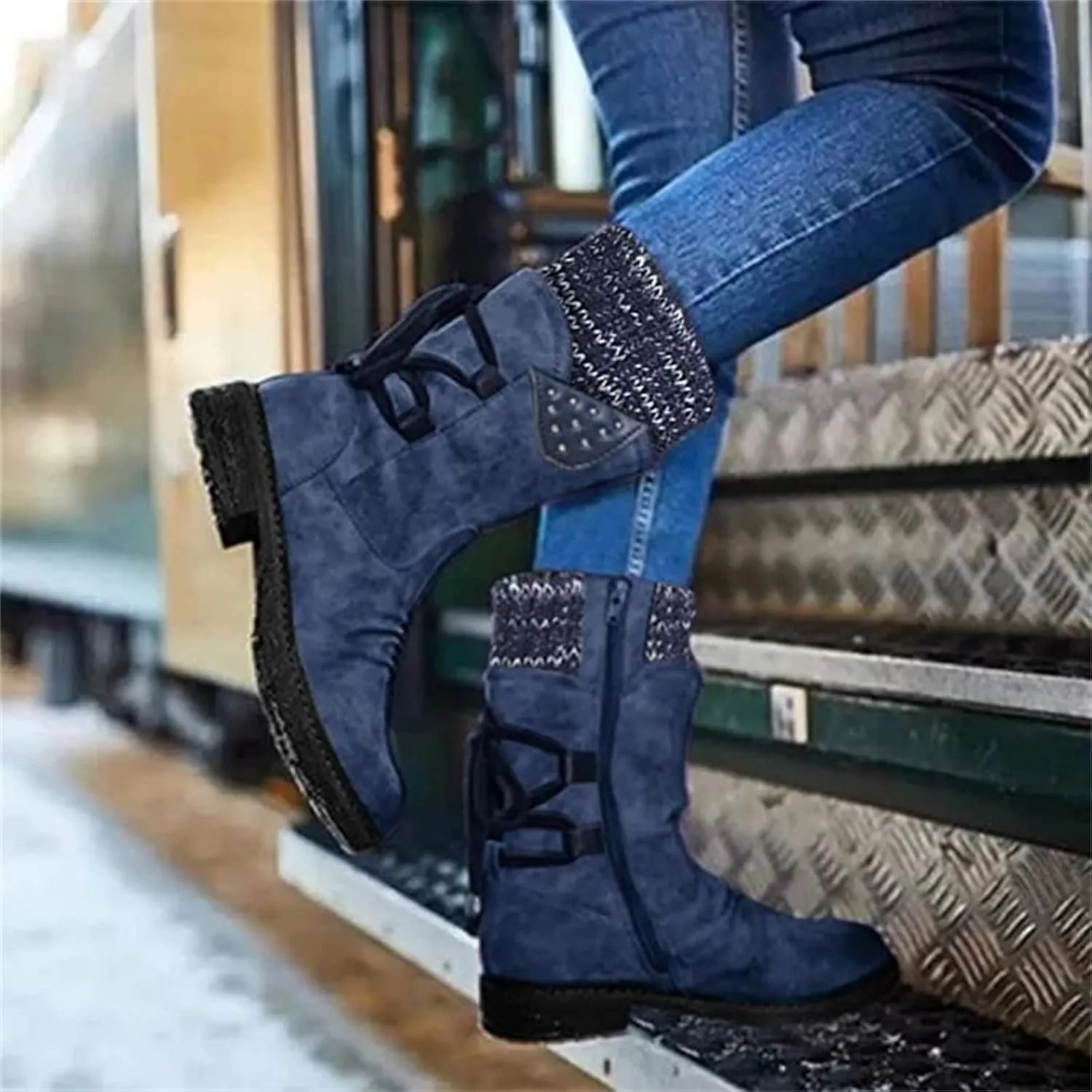 Ladmiple Boots For Women 2024 Low Heel Combat Boots Side Zipper Mid Calf Motorcycle Riding Military Biker Boots Ankle Booties