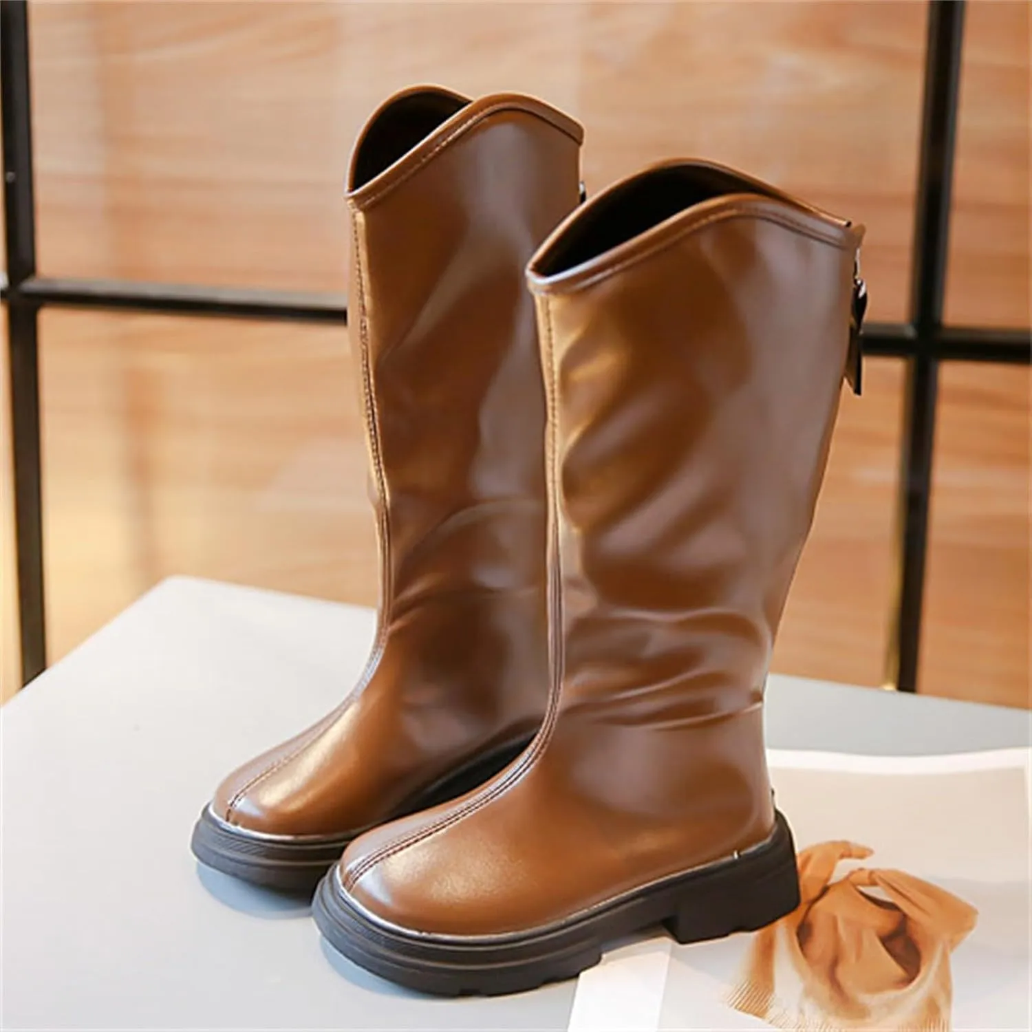 Leather Soft Long Boots For Childrens Boys Girls Kids aterproof Sole Non Slip ow Heel Shoes Outdoor Comfy Fashion
