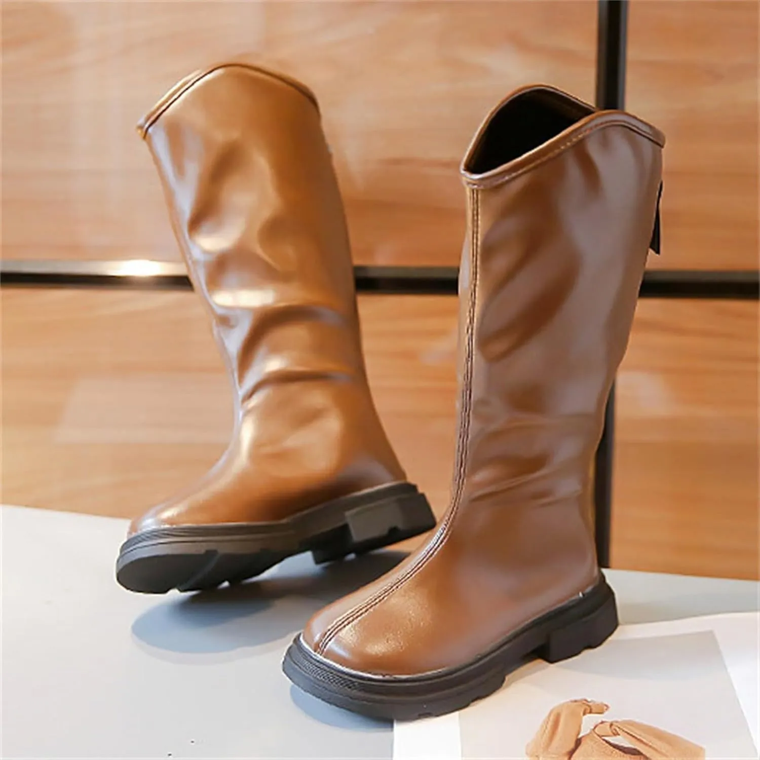 Leather Soft Long Boots For Childrens Boys Girls Kids aterproof Sole Non Slip ow Heel Shoes Outdoor Comfy Fashion