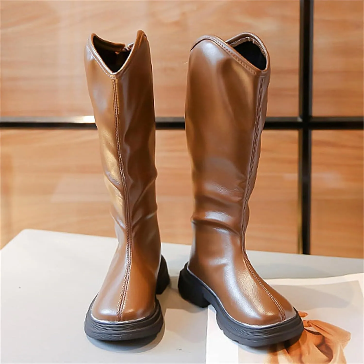 Leather Soft Long Boots For Childrens Boys Girls Kids aterproof Sole Non Slip ow Heel Shoes Outdoor Comfy Fashion