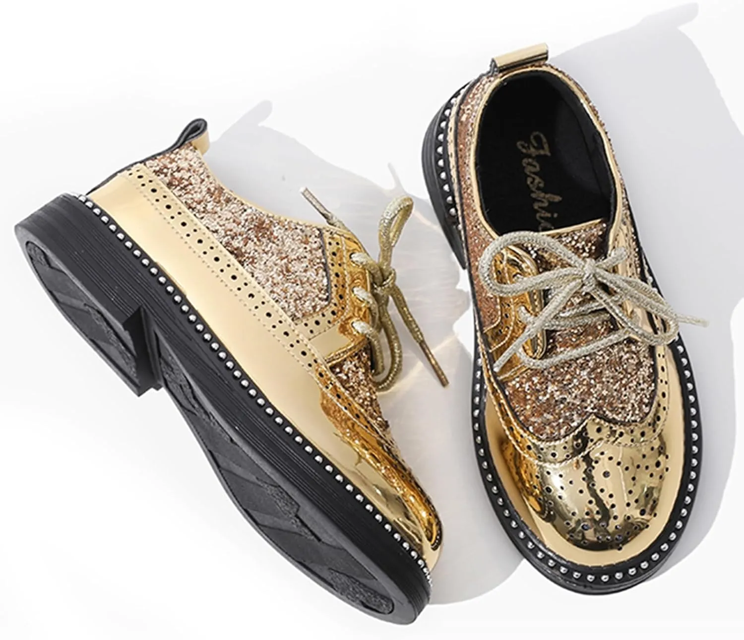 Little Big Boys Girls Dress Oxfords Lace-up Shiny Glitter Formal Shoes for Wedding Party Show Ceremony
