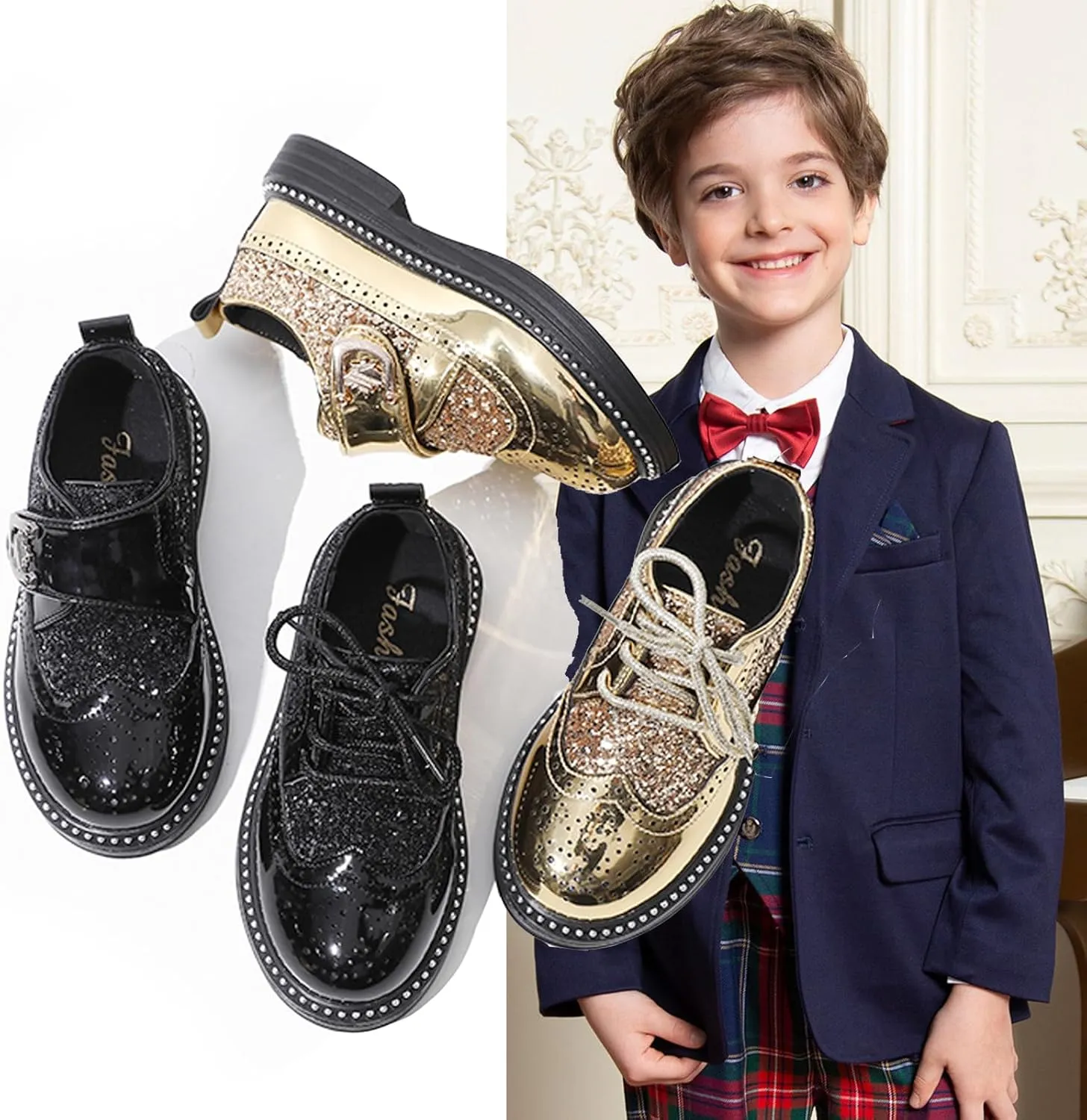 Little Big Boys Girls Dress Oxfords Lace-up Shiny Glitter Formal Shoes for Wedding Party Show Ceremony