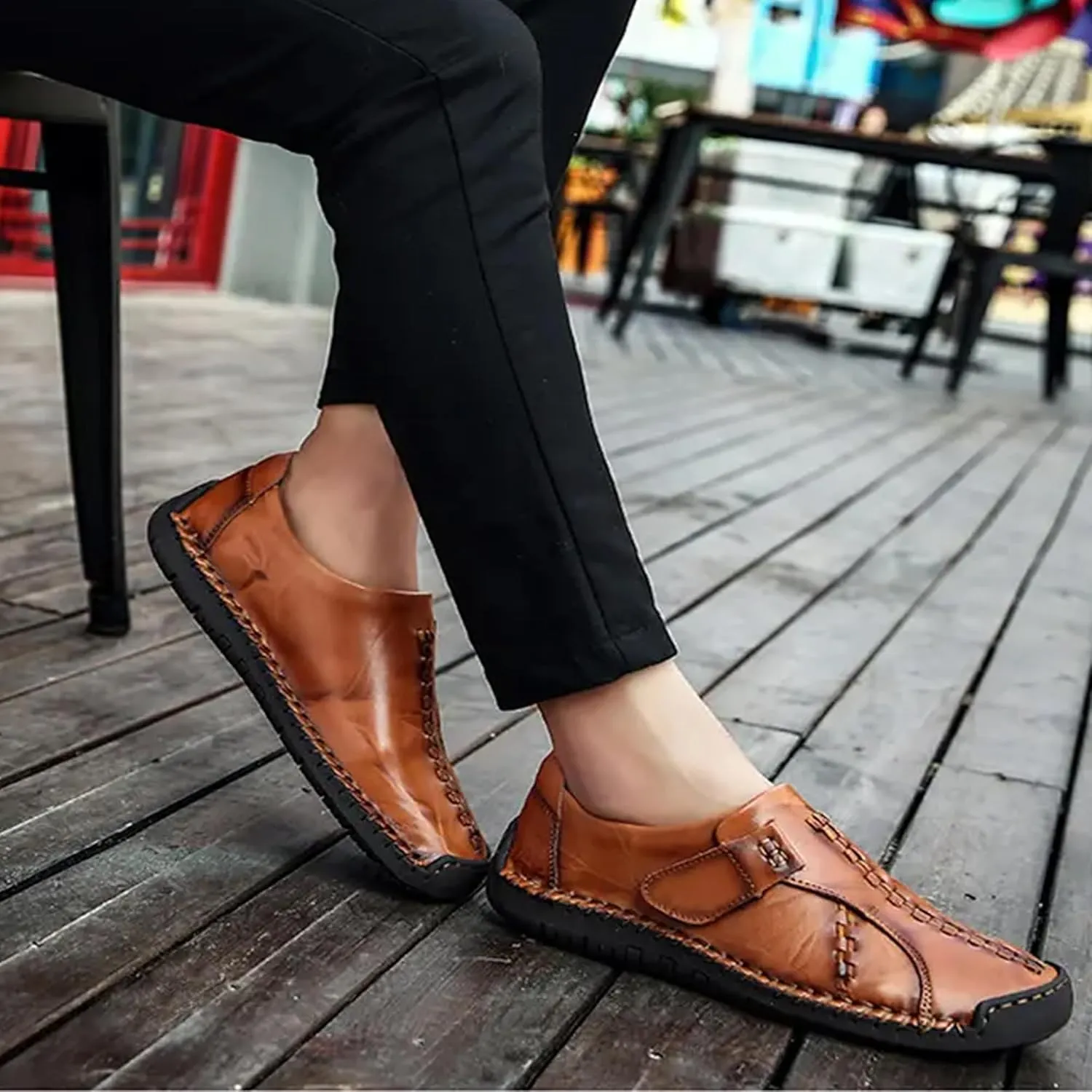 Men's Buckle Leather Casual Loafers Adjust Vintage Driving Business Brogue Men Comfort Sport Walking Moccasin