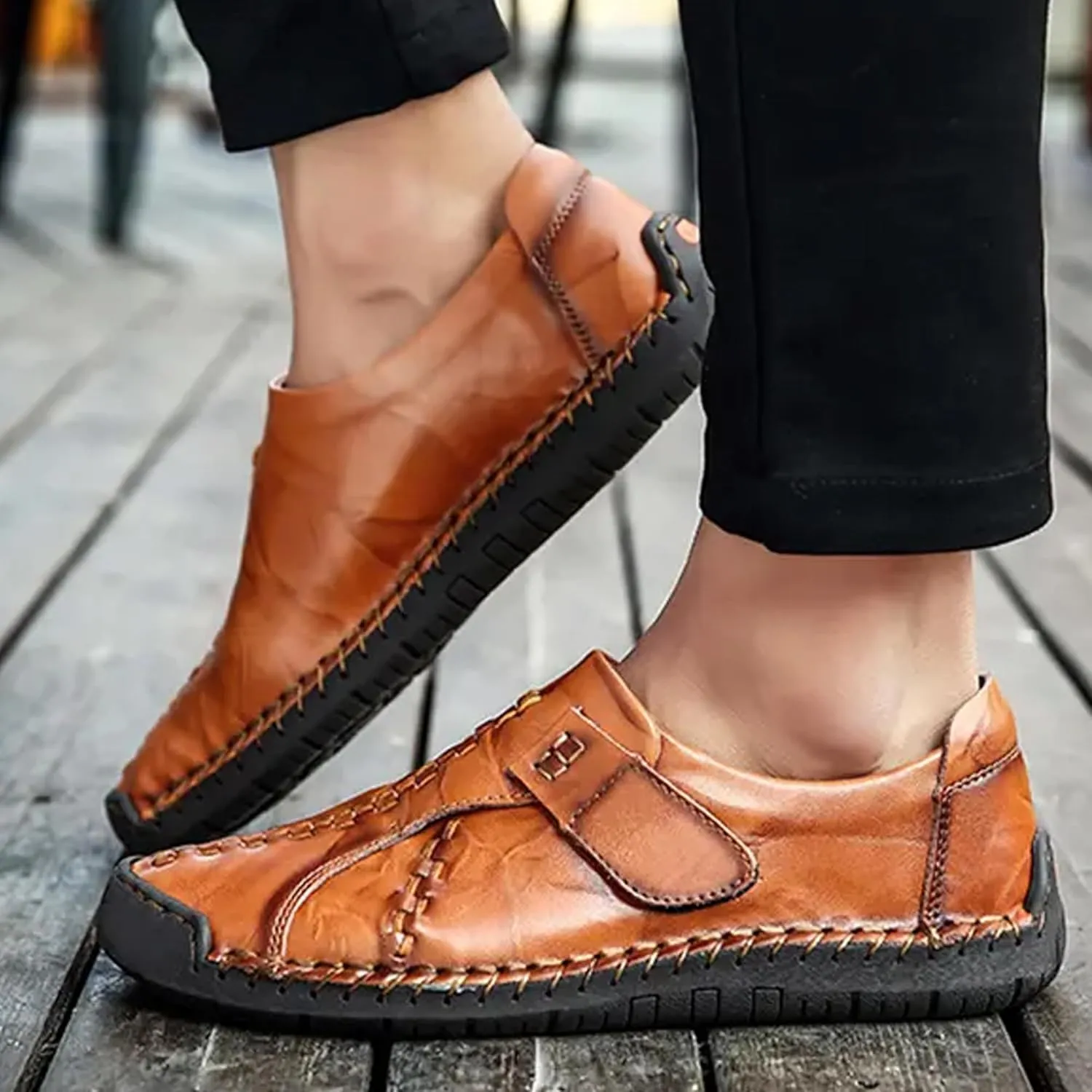 Men's Buckle Leather Casual Loafers Adjust Vintage Driving Business Brogue Men Comfort Sport Walking Moccasin