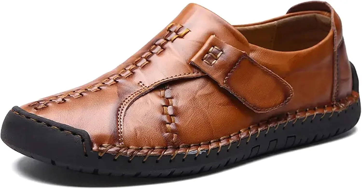 Men's Buckle Leather Casual Loafers Adjust Vintage Driving Business Brogue Men Comfort Sport Walking Moccasin