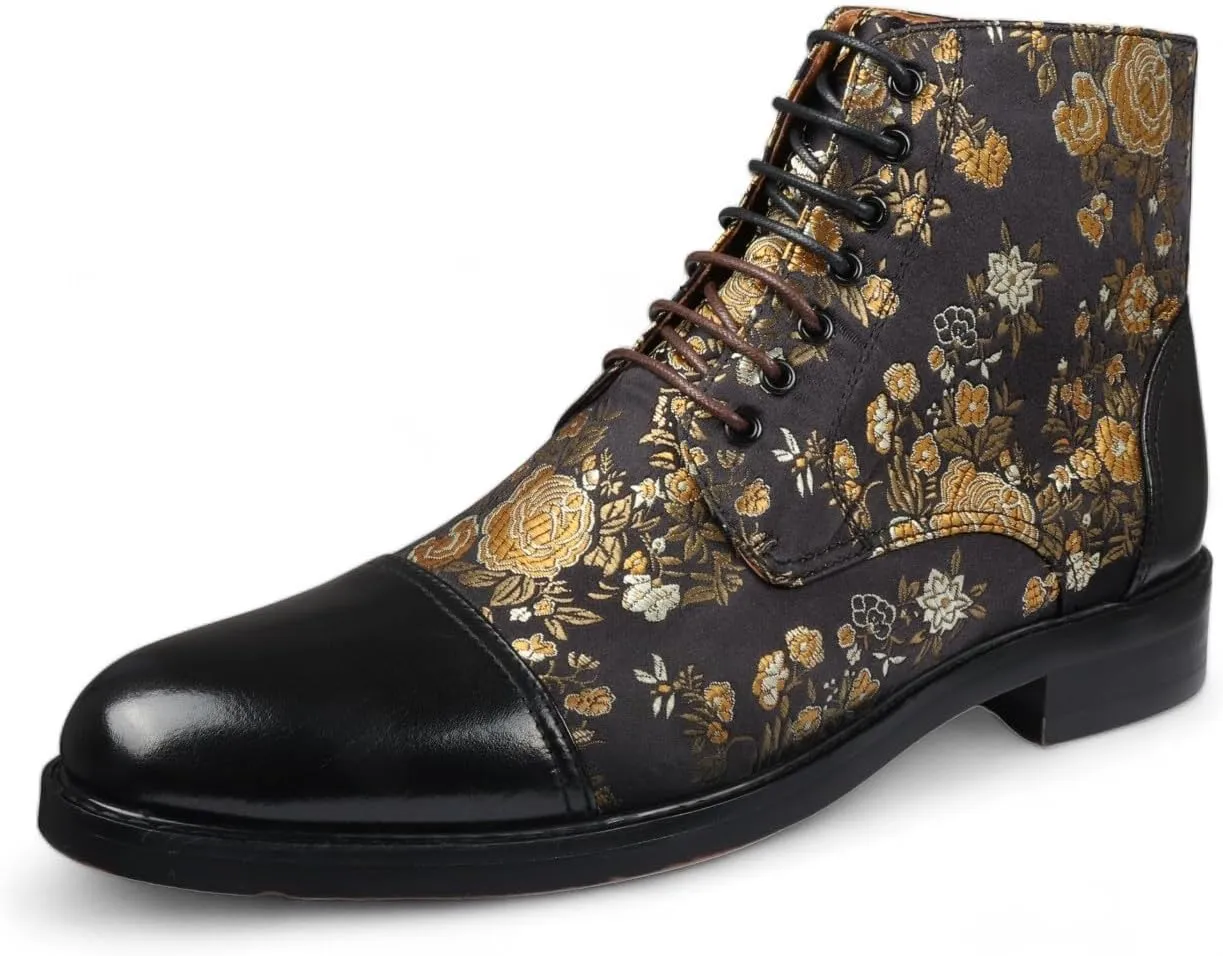 Men's Floral Print Leather Oxford Ankle Boots - Adam