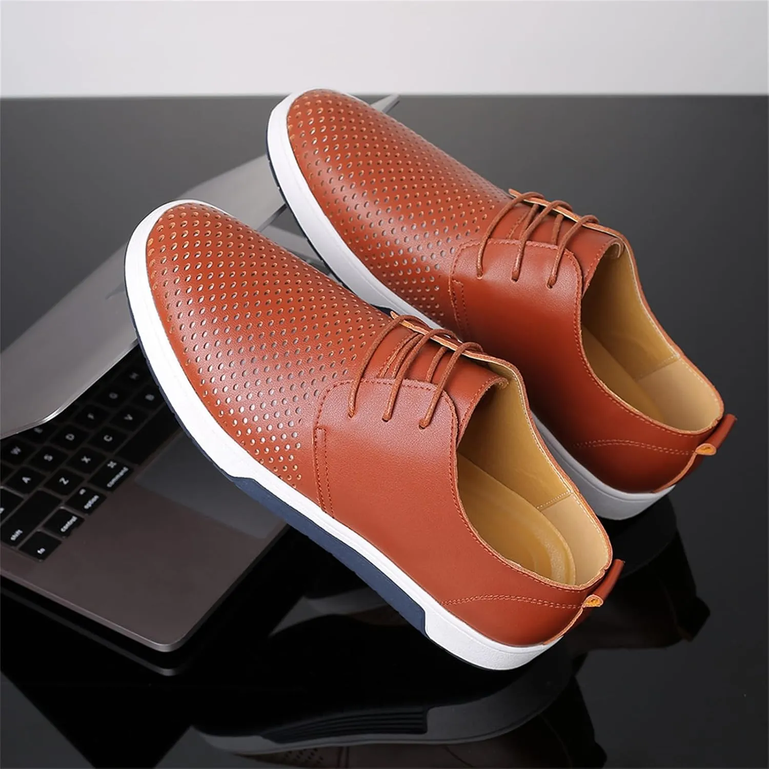 Mens Hollow Breathable Lace Up Leather Loafers Classical Round Head Derby Shoes Lightweight Flats Dress Business Oxford Shoes