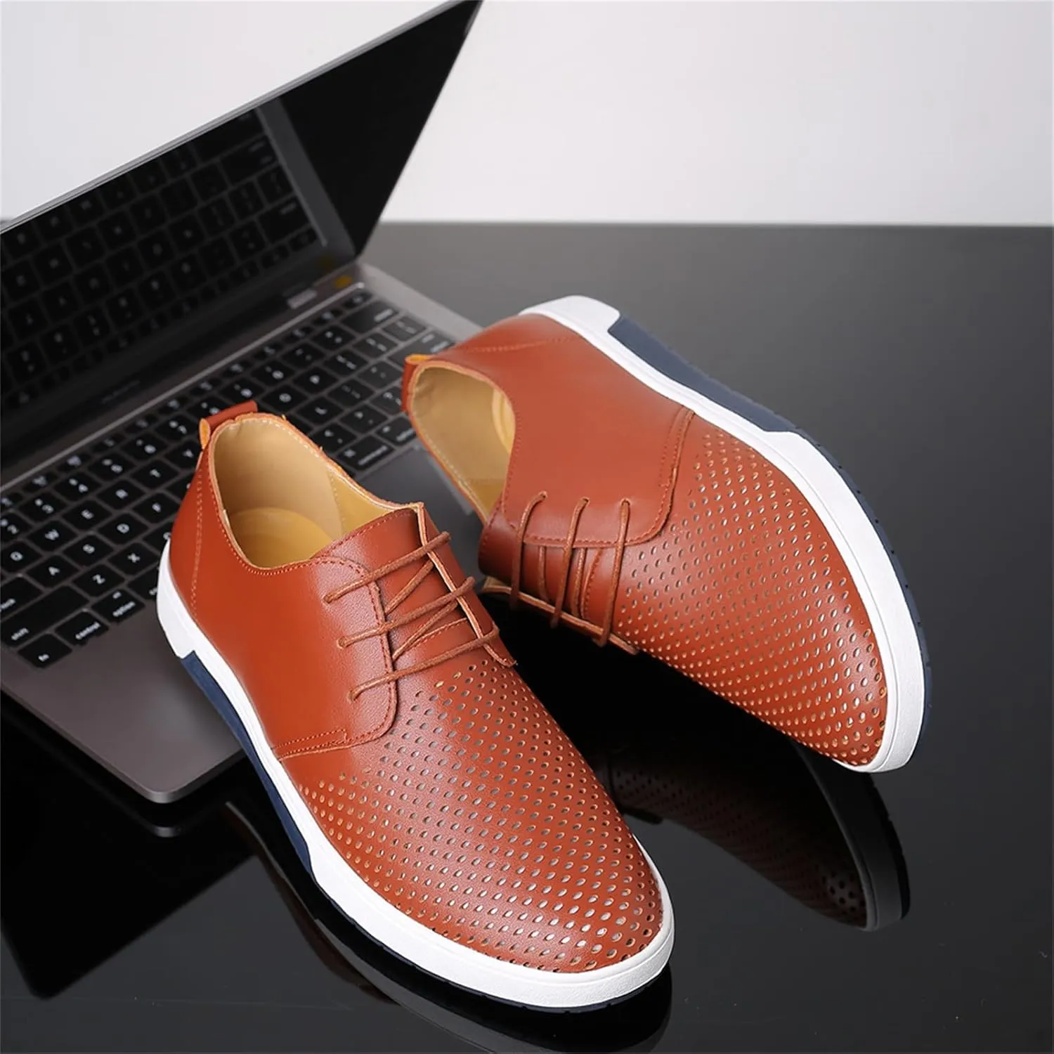 Mens Hollow Breathable Lace Up Leather Loafers Classical Round Head Derby Shoes Lightweight Flats Dress Business Oxford Shoes