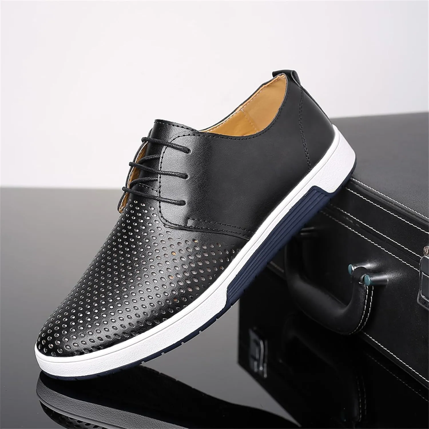 Mens Hollow Breathable Lace Up Leather Loafers Classical Round Head Derby Shoes Lightweight Flats Dress Business Oxford Shoes