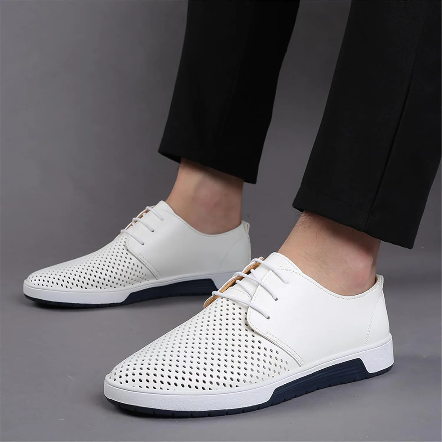 Mens Hollow Breathable Lace Up Leather Loafers Classical Round Head Derby Shoes Lightweight Flats Dress Business Oxford Shoes