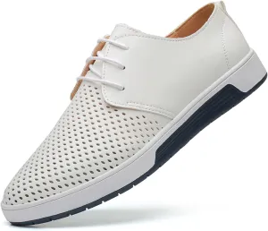 Mens Hollow Breathable Lace Up Leather Loafers Classical Round Head Derby Shoes Lightweight Flats Dress Business Oxford Shoes