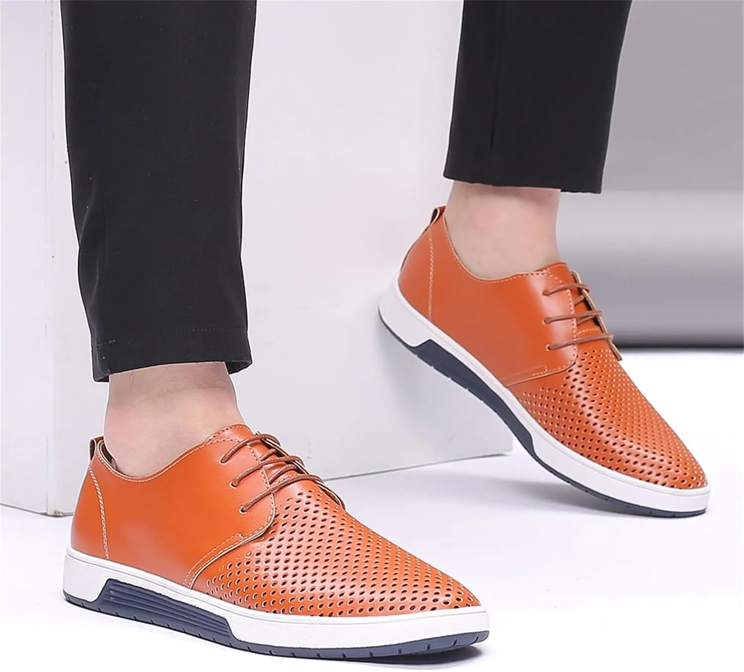 Mens Hollow Breathable Lace Up Leather Loafers Classical Round Head Derby Shoes Lightweight Flats Dress Business Oxford Shoes