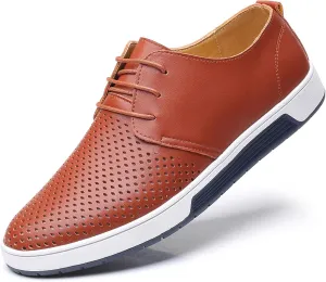Mens Hollow Breathable Lace Up Leather Loafers Classical Round Head Derby Shoes Lightweight Flats Dress Business Oxford Shoes