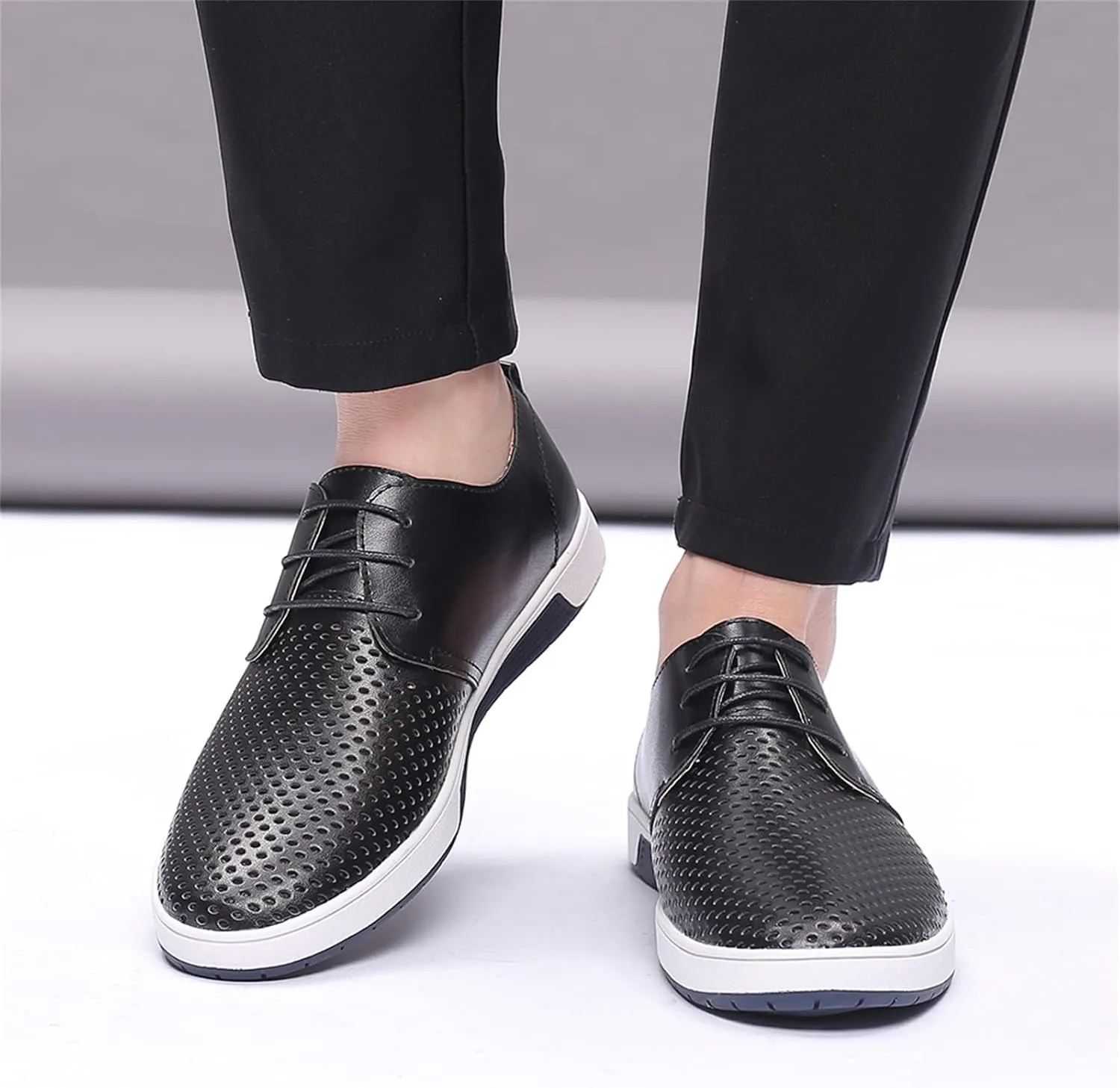 Mens Hollow Breathable Lace Up Leather Loafers Classical Round Head Derby Shoes Lightweight Flats Dress Business Oxford Shoes