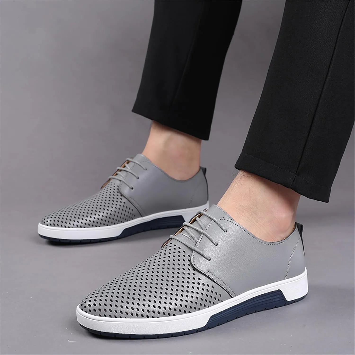 Mens Hollow Breathable Lace Up Leather Loafers Classical Round Head Derby Shoes Lightweight Flats Dress Business Oxford Shoes