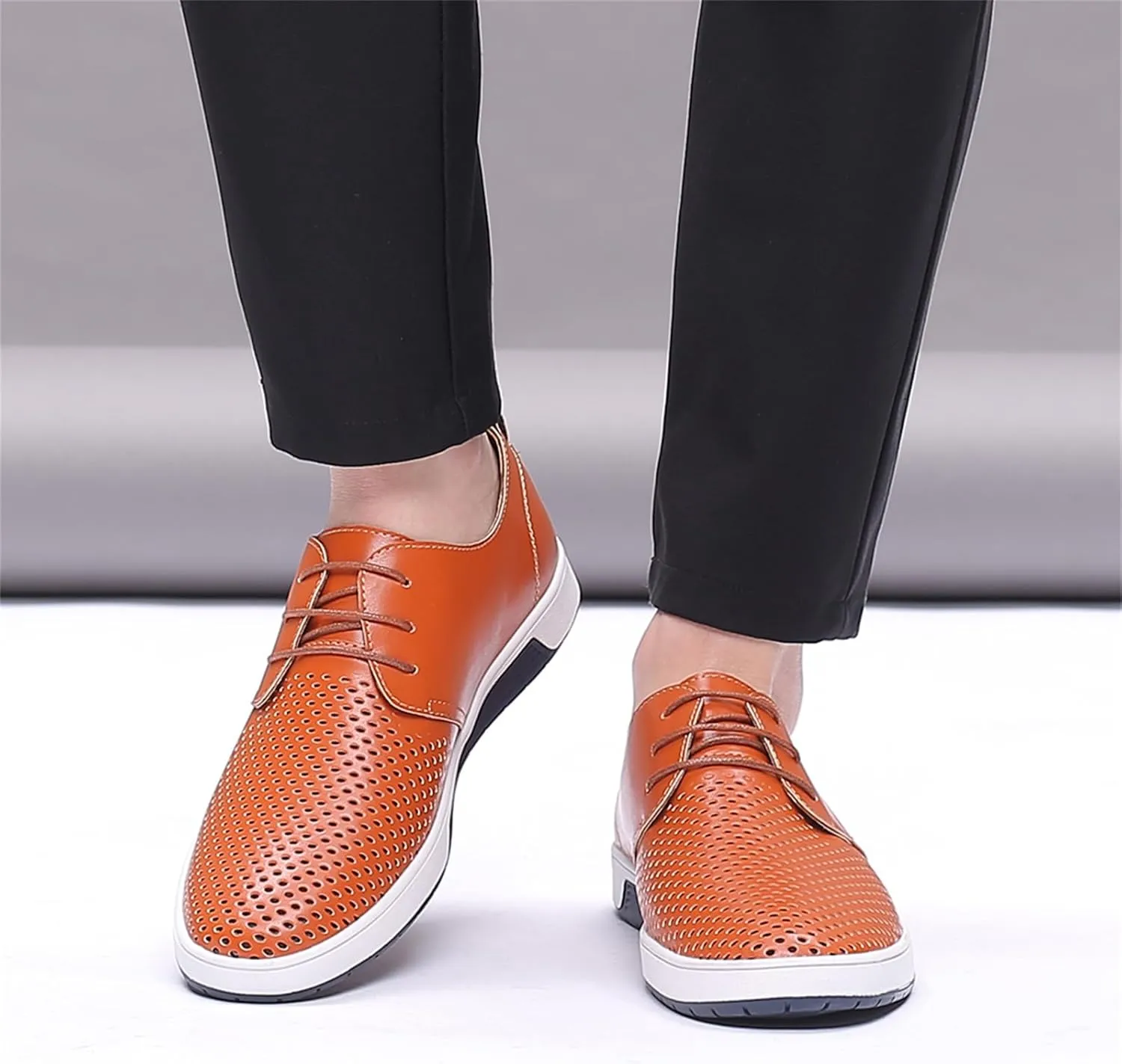Mens Hollow Breathable Lace Up Leather Loafers Classical Round Head Derby Shoes Lightweight Flats Dress Business Oxford Shoes