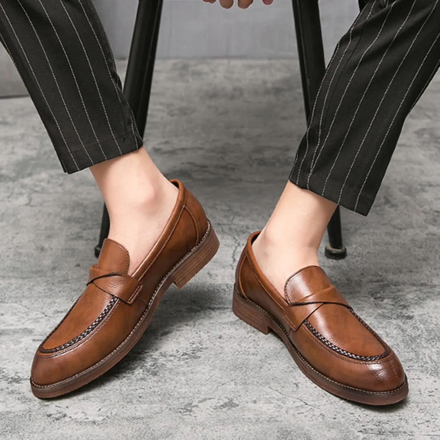 Men's Leather Penny Loafers Dress Shoes,Classic Comfort Slip On Stacked Oxford Soft Sole Business Casual Formal Derby