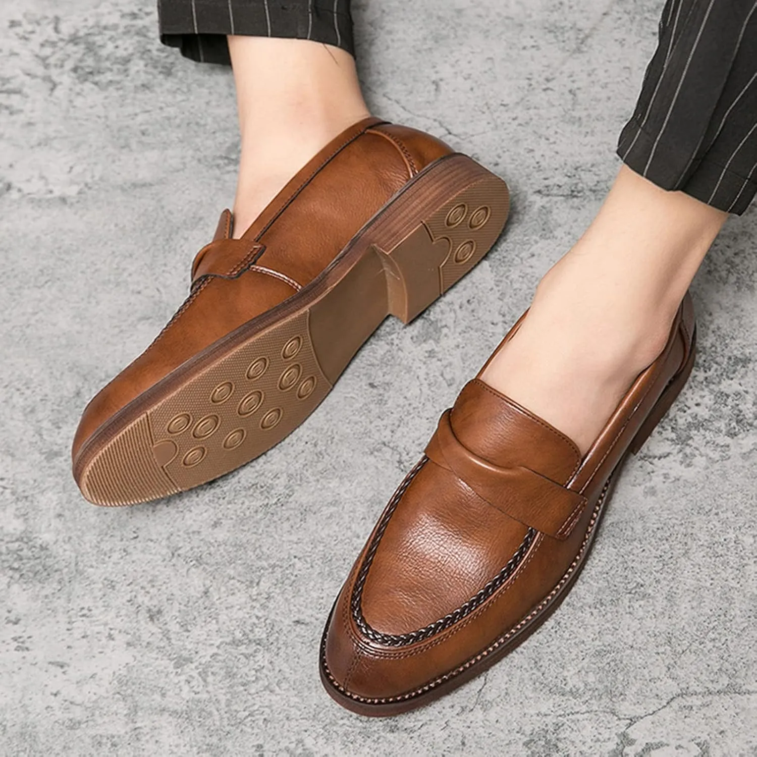 Men's Leather Penny Loafers Dress Shoes,Classic Comfort Slip On Stacked Oxford Soft Sole Business Casual Formal Derby