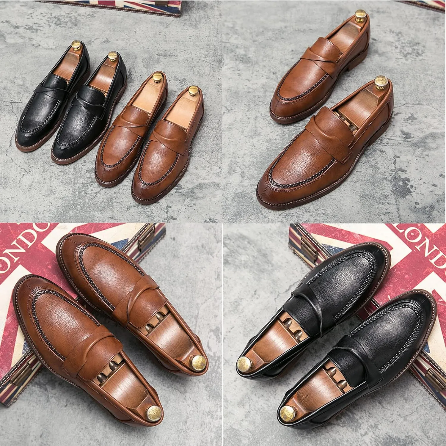 Men's Leather Penny Loafers Dress Shoes,Classic Comfort Slip On Stacked Oxford Soft Sole Business Casual Formal Derby