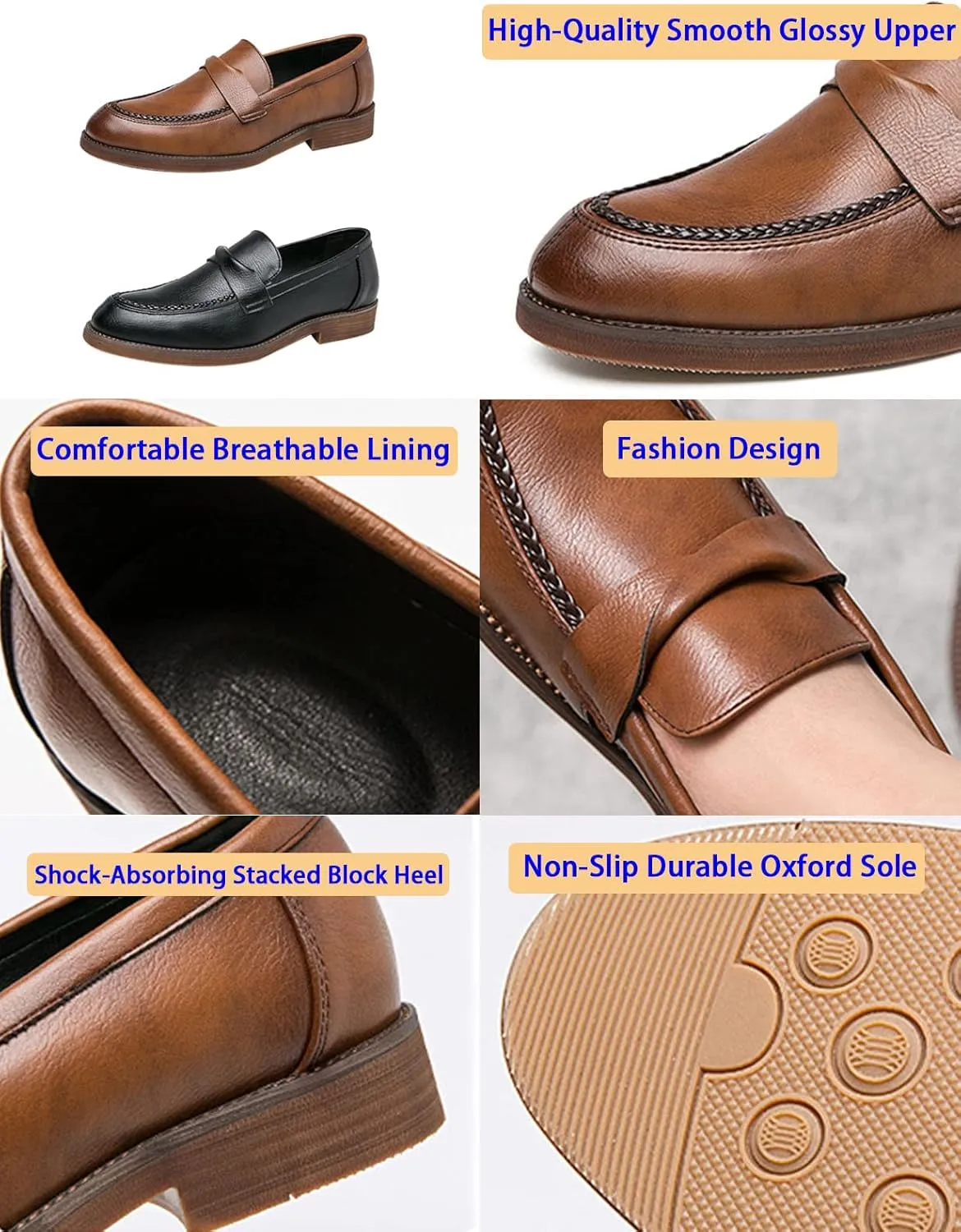 Men's Leather Penny Loafers Dress Shoes,Classic Comfort Slip On Stacked Oxford Soft Sole Business Casual Formal Derby