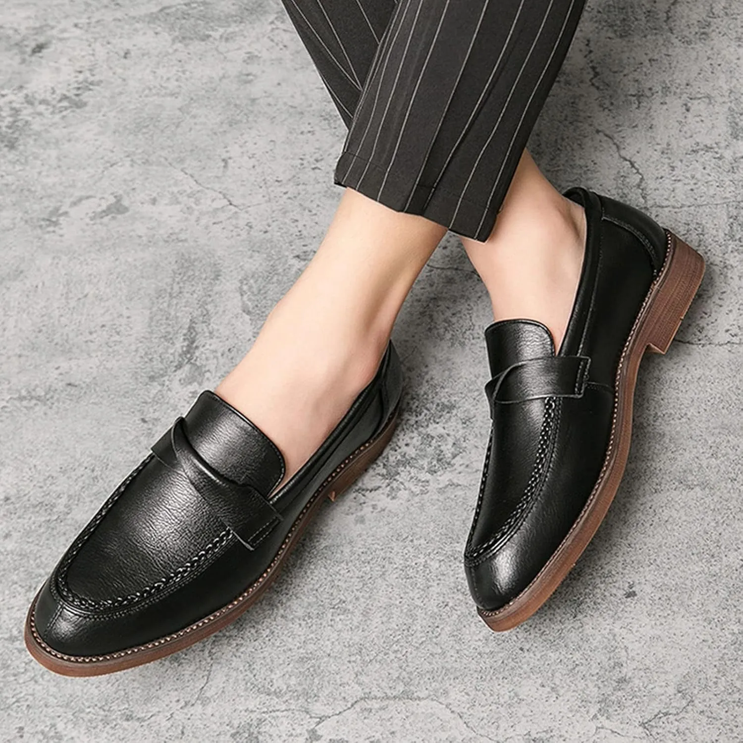 Men's Leather Penny Loafers Dress Shoes,Classic Comfort Slip On Stacked Oxford Soft Sole Business Casual Formal Derby