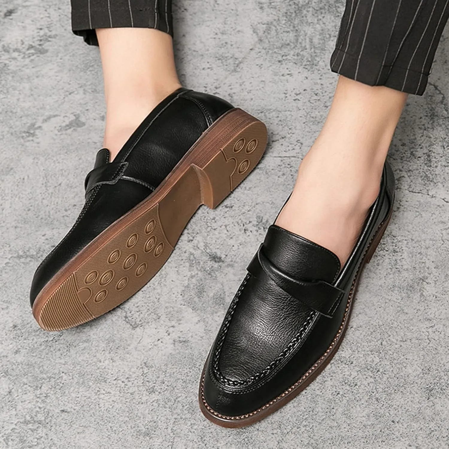 Men's Leather Penny Loafers Dress Shoes,Classic Comfort Slip On Stacked Oxford Soft Sole Business Casual Formal Derby