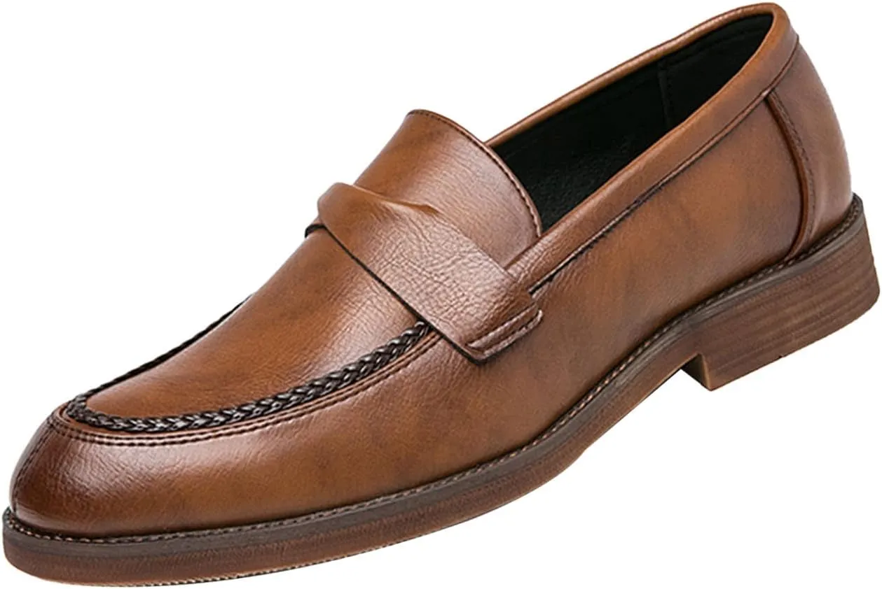 Men's Leather Penny Loafers Dress Shoes,Classic Comfort Slip On Stacked Oxford Soft Sole Business Casual Formal Derby
