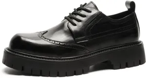 Men's Leather Platform Dress Oxfords Vintage Round Toe Lug Sole Casual Wingtip Brogue Shoes Business Work Office Derby Shoes